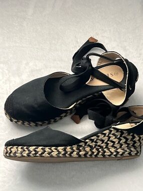 Serra Black Espadrille Wedge Sandals with Braided Jute Platform, Size 6